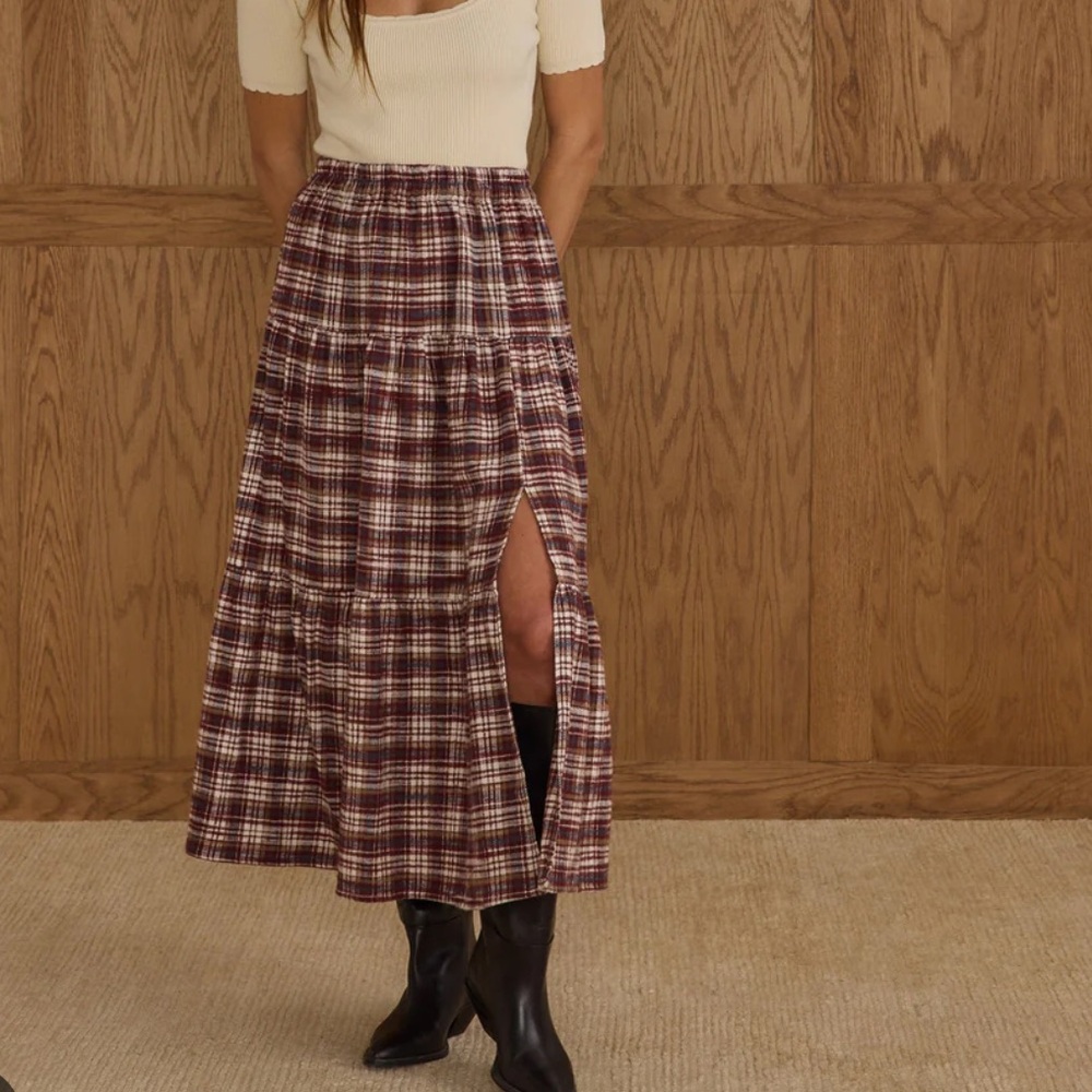 Tiered Plaid Burgundy Midi Skirt